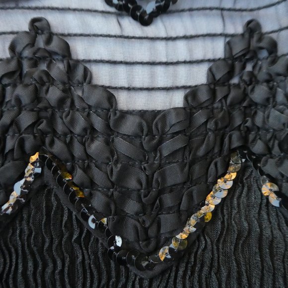 Vintage Black Evening Dress Ric Rac Sequin Puff Sleeves Crinkle Sheath Union Tag - Picture 9 of 13